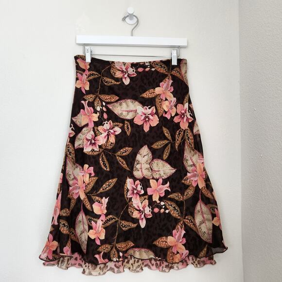 Vintage Y2K Reversible Bias Cut Floral Leopard Midi Skirt Pink Brown M - Picture 1 of 12